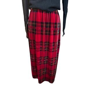 Vintage Red Plaid Tartan Velvet Beaded Long Skirt Women’s Holiday Festive Midi